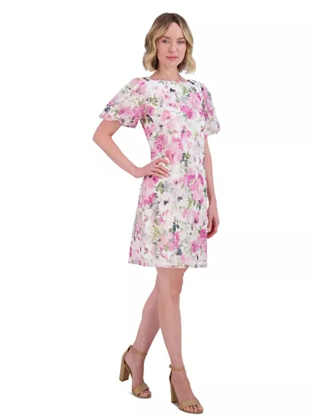 Jessica Howard Pink Floral Dress Sz 14 Sheer Overlay Short Sleeve Feminine Party